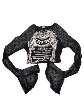 Fashion Nova Black Vintage Graphic Crop Top with Sheer Polka Dot Sleeves